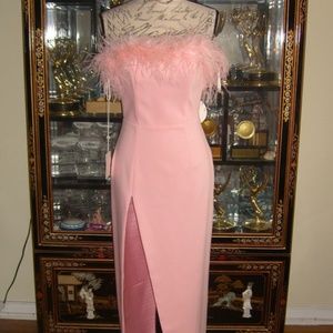 NWT MISS CIRCLE RACHEL PINK FEATHER MAXI HIGH SLIT DRESS S